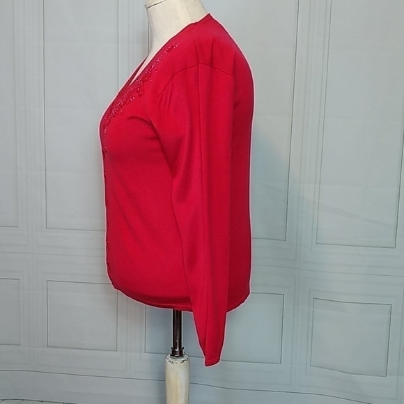 Jenny Womens XL Red Knit V Neck Button Up Cardigan Sweater Beaded Holiday - Picture 3 of 8
